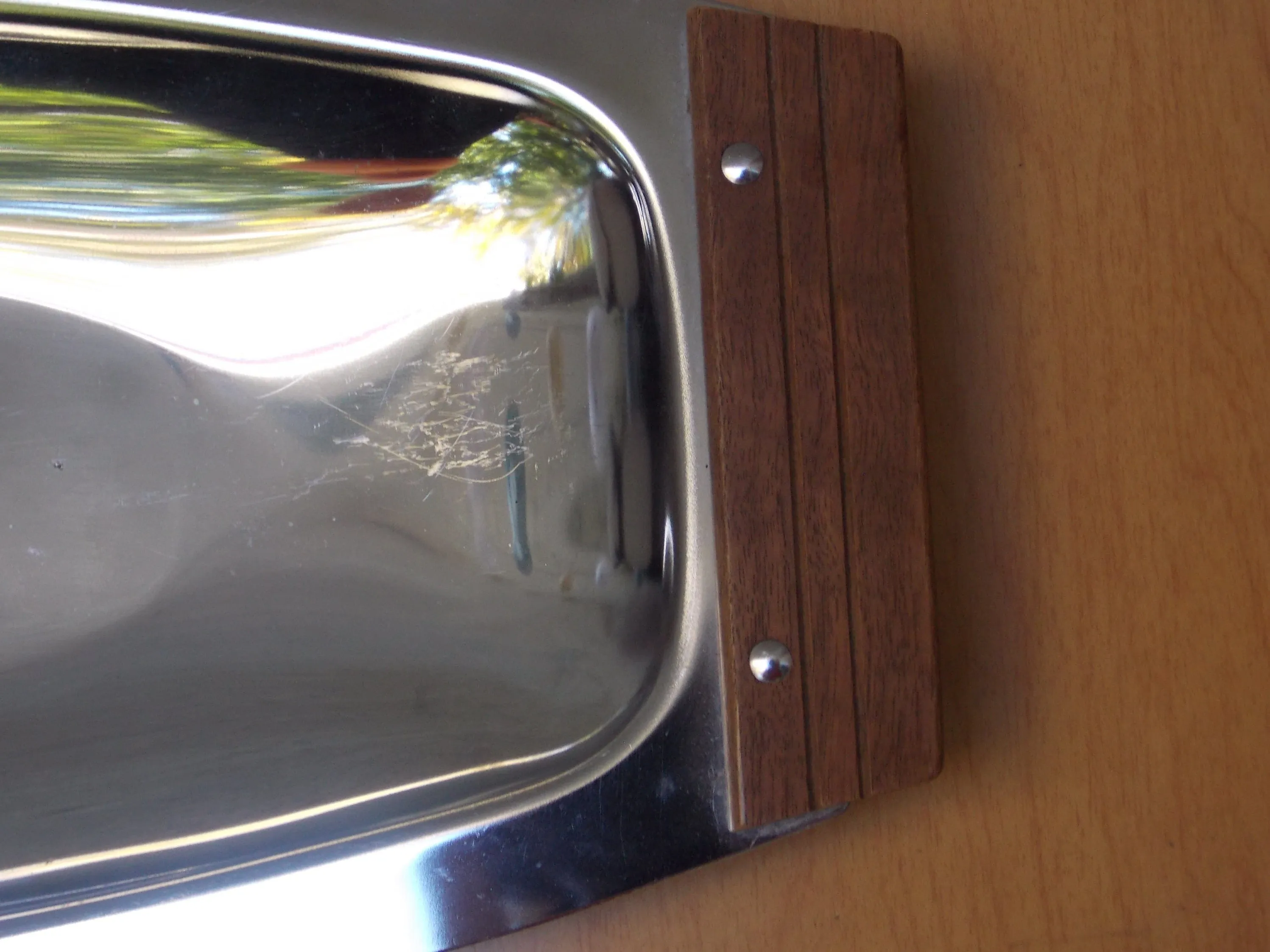 Kromex Danish Modern Stainless Steel Serving Plate with Wood Handles