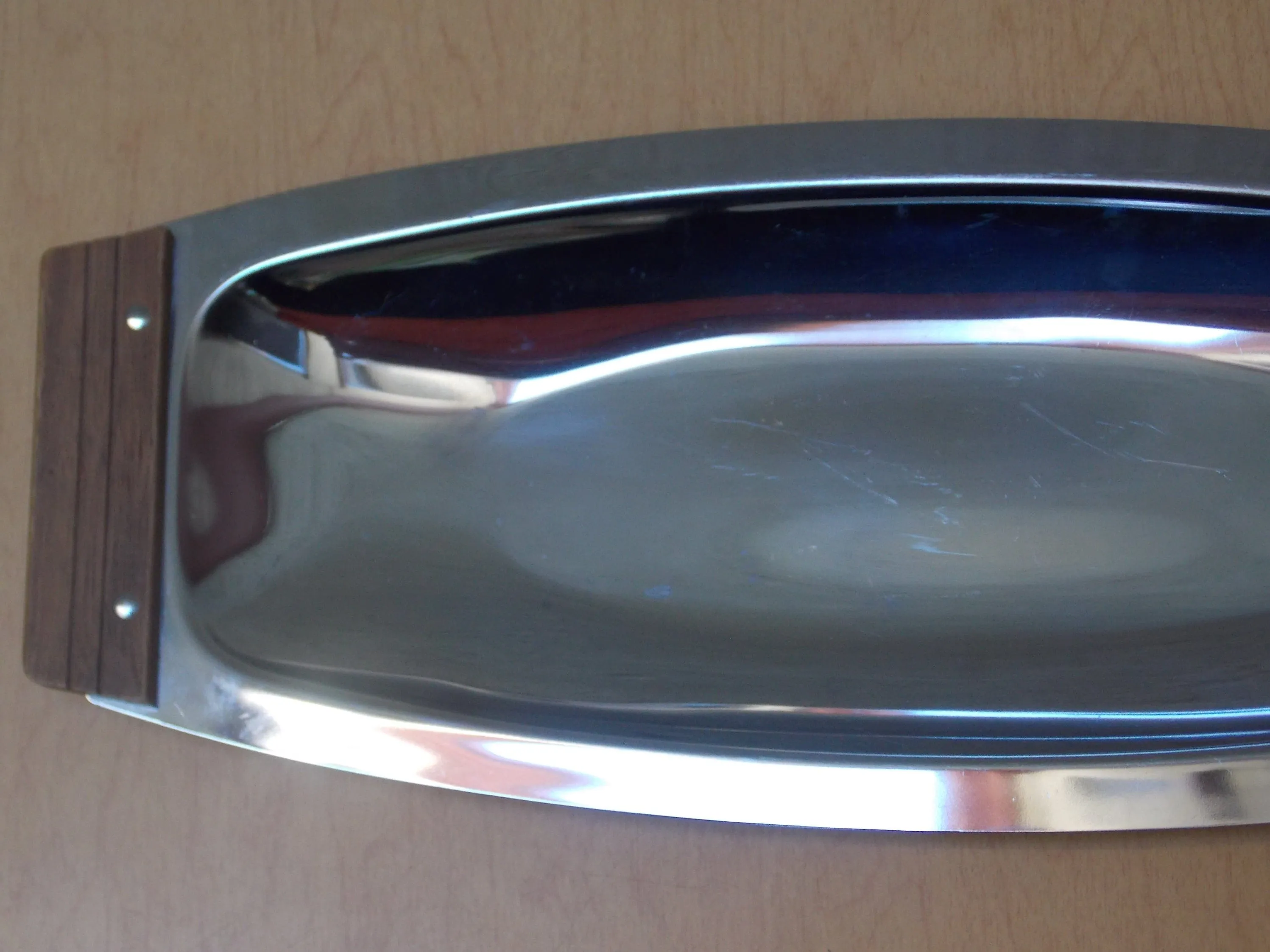Kromex Danish Modern Stainless Steel Serving Plate with Wood Handles