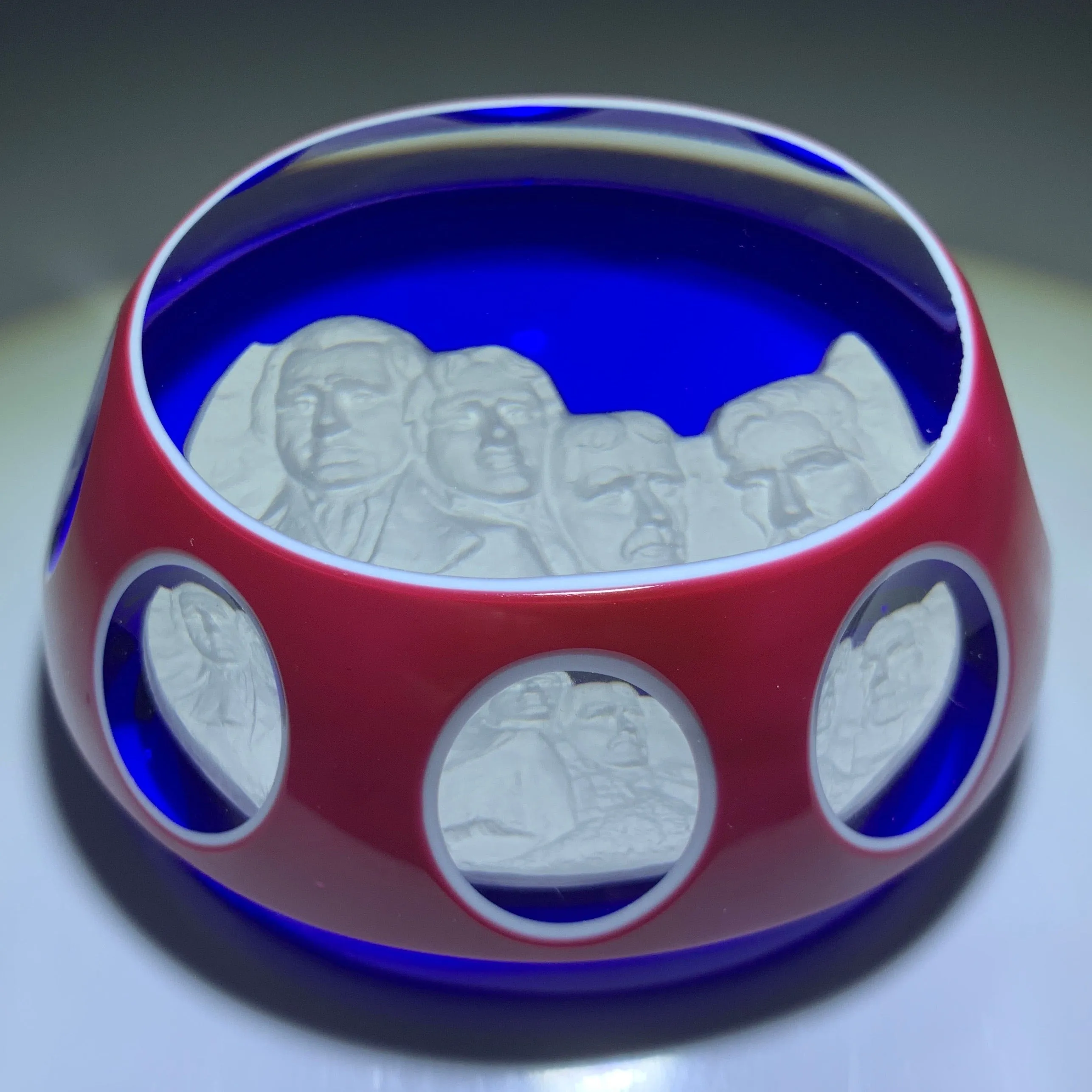 Large Modern Baccarat Mount Rushmore Sulphide with Faceted Triple Overlay Glass Art Paperweight