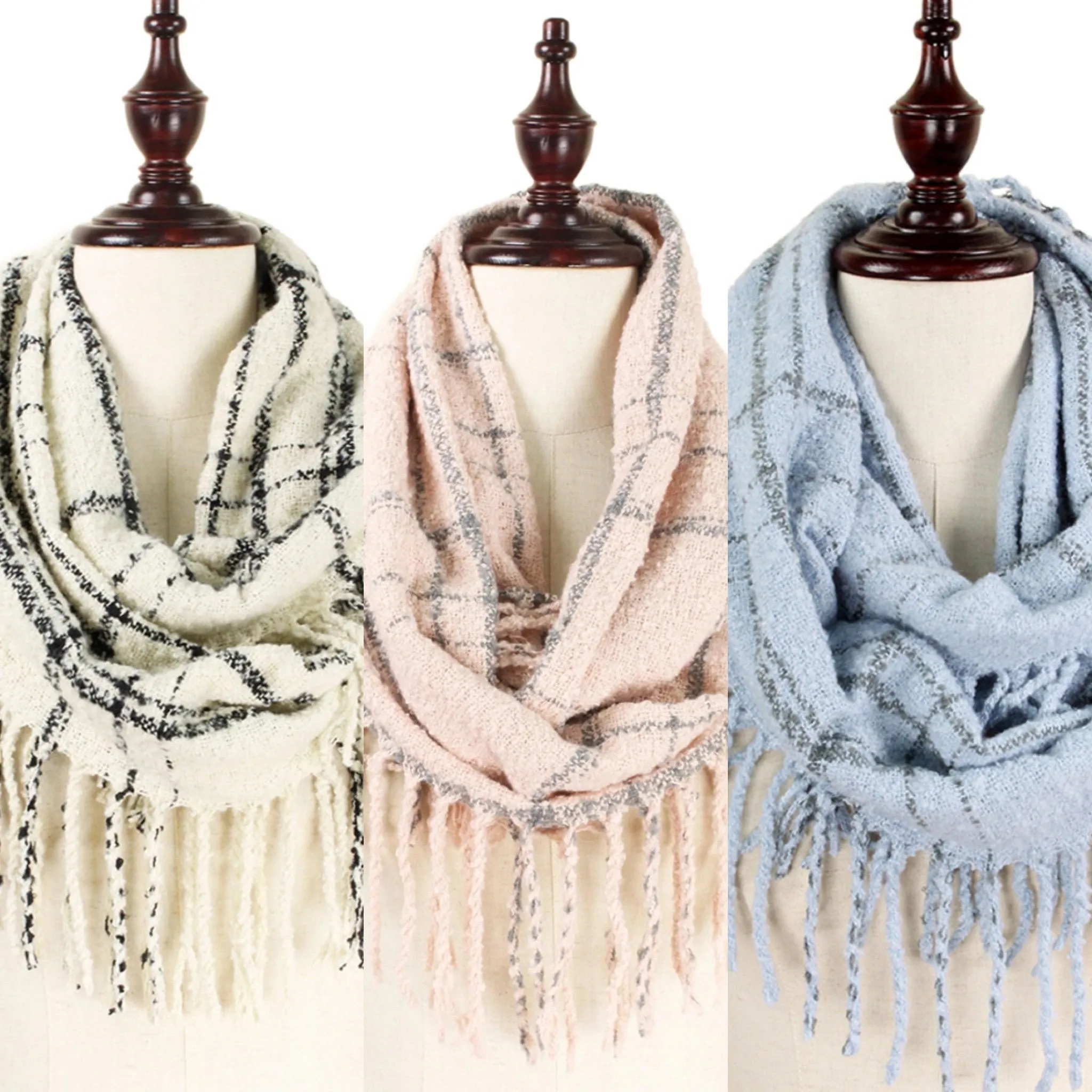 Lena Plaid Infinity Scarfs | Ivory, Pink & Blue