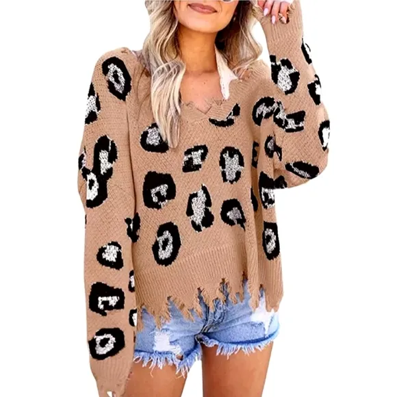 LET THE MUSIC Frayed Leopard Animal Print Distressed V-Neck Sweater NWT
