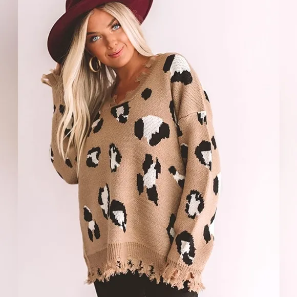 LET THE MUSIC Frayed Leopard Animal Print Distressed V-Neck Sweater NWT