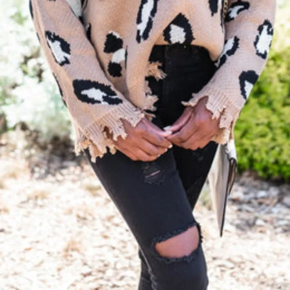LET THE MUSIC Frayed Leopard Animal Print Distressed V-Neck Sweater NWT