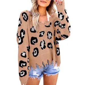 LET THE MUSIC Frayed Leopard Animal Print Distressed V-Neck Sweater NWT