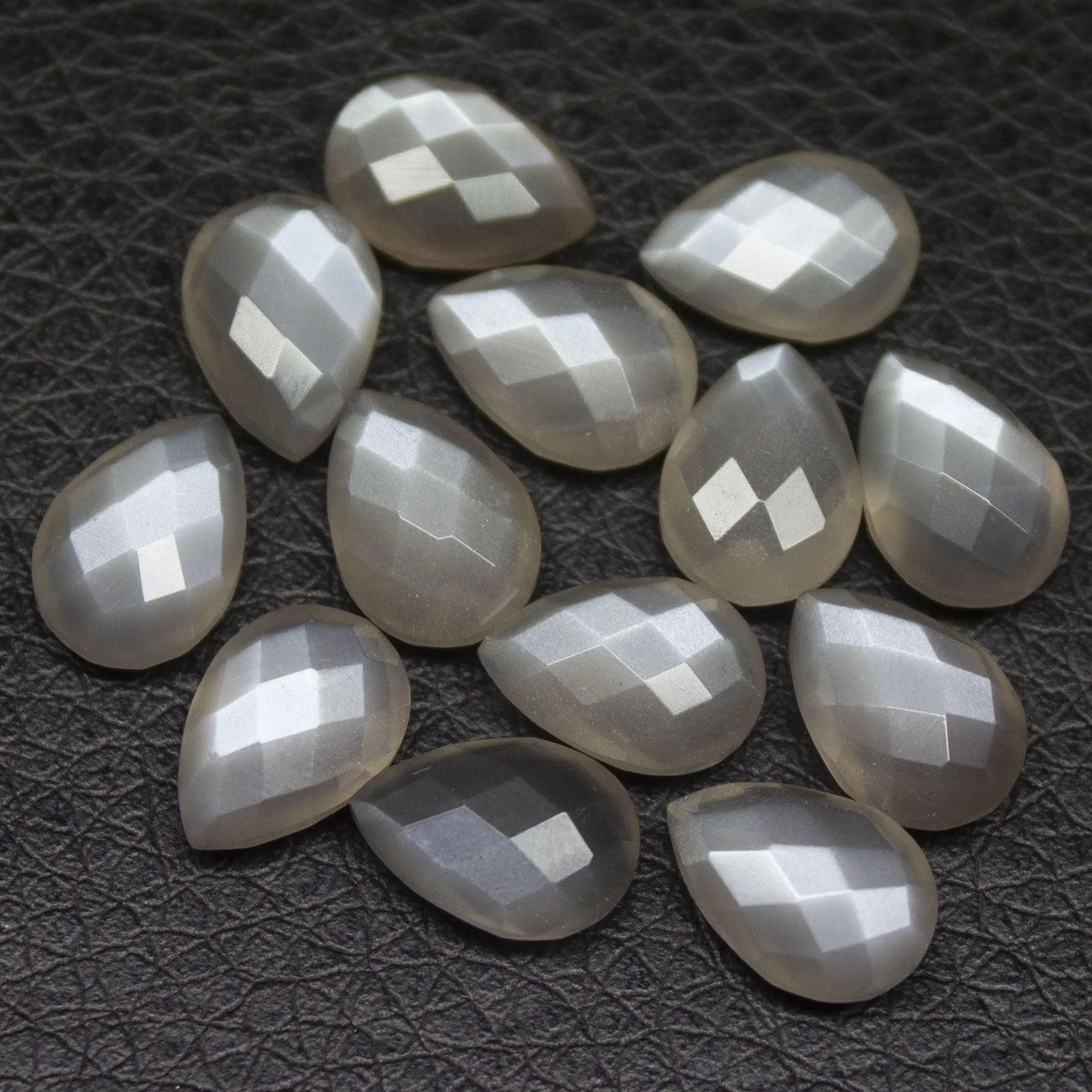 Light Grey Moonstone Checker Pear Drop Side Drilled Gemstone Beads 8pc 10x7mm