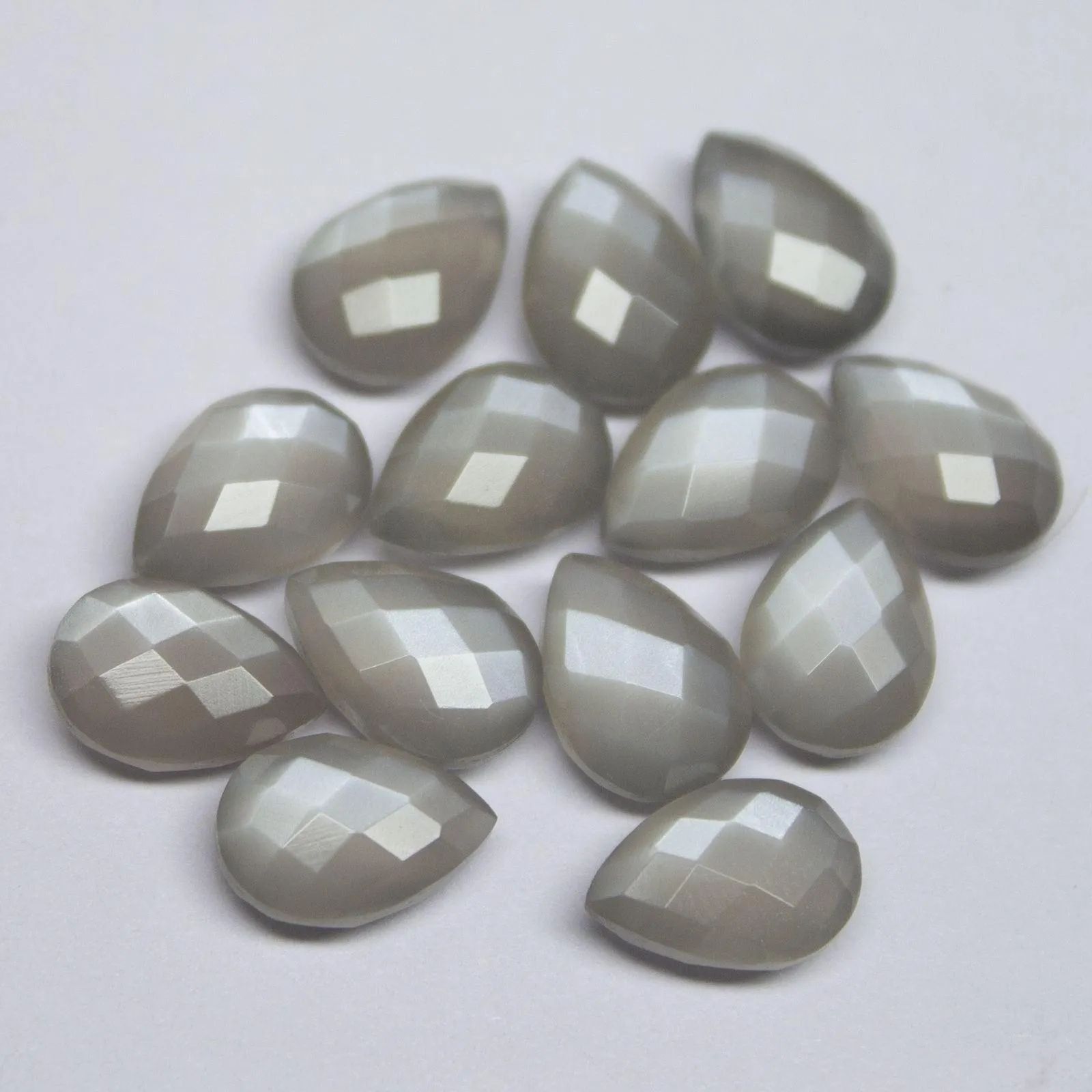 Light Grey Moonstone Checker Pear Drop Side Drilled Gemstone Beads 8pc 10x7mm