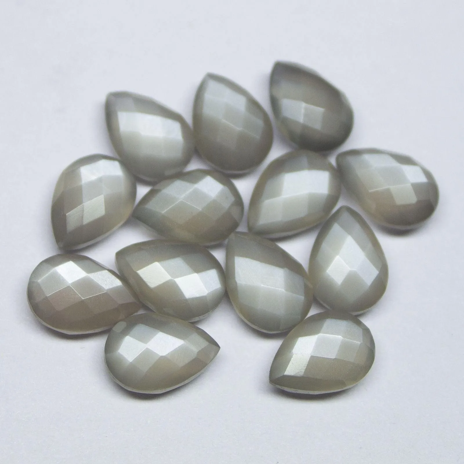 Light Grey Moonstone Checker Pear Drop Side Drilled Gemstone Beads 8pc 10x7mm