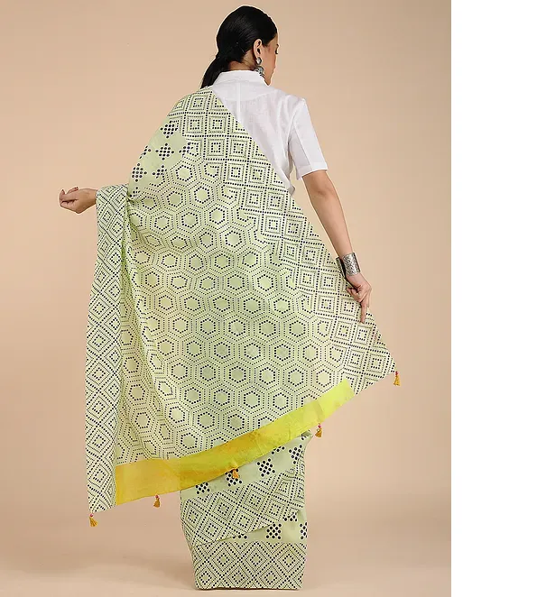 LIME GREEN HANDWOVEN CHANDERI SILK SAREE IN GEOMETRIC PRINTS