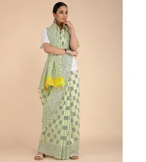 LIME GREEN HANDWOVEN CHANDERI SILK SAREE IN GEOMETRIC PRINTS
