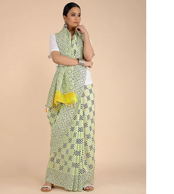 LIME GREEN HANDWOVEN CHANDERI SILK SAREE IN GEOMETRIC PRINTS