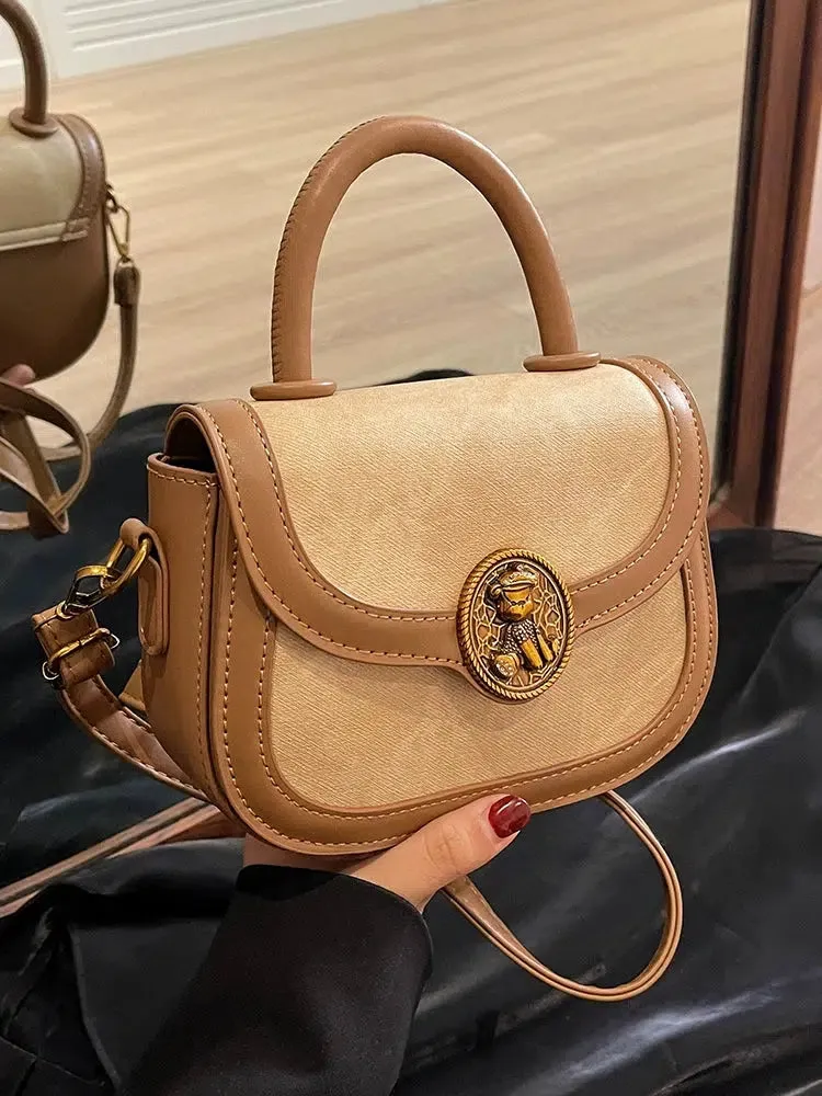 Lion Emblem Leather Crossbody Handbag