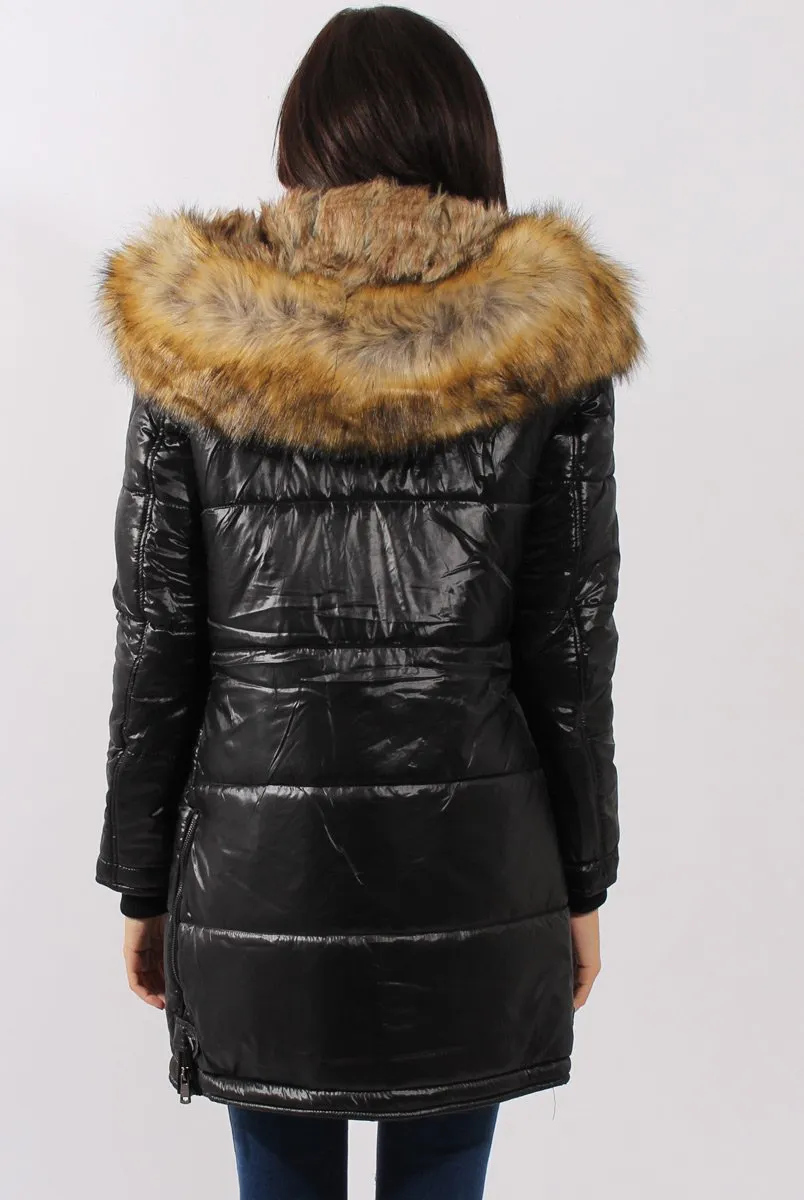 Long Black Quilted Coat with Faux Fur Hood Trim - Charlotte