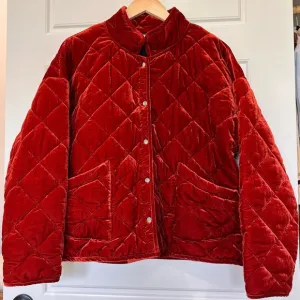 MELLODAY Burgundy Velvet Quilted Puffer Jacket with Stand Up Colar Large