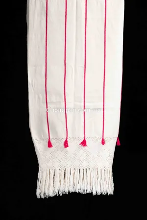 Mexican Rebozo White Shawl  w Red Stripes Back Strap Loomed Indigenous Textile