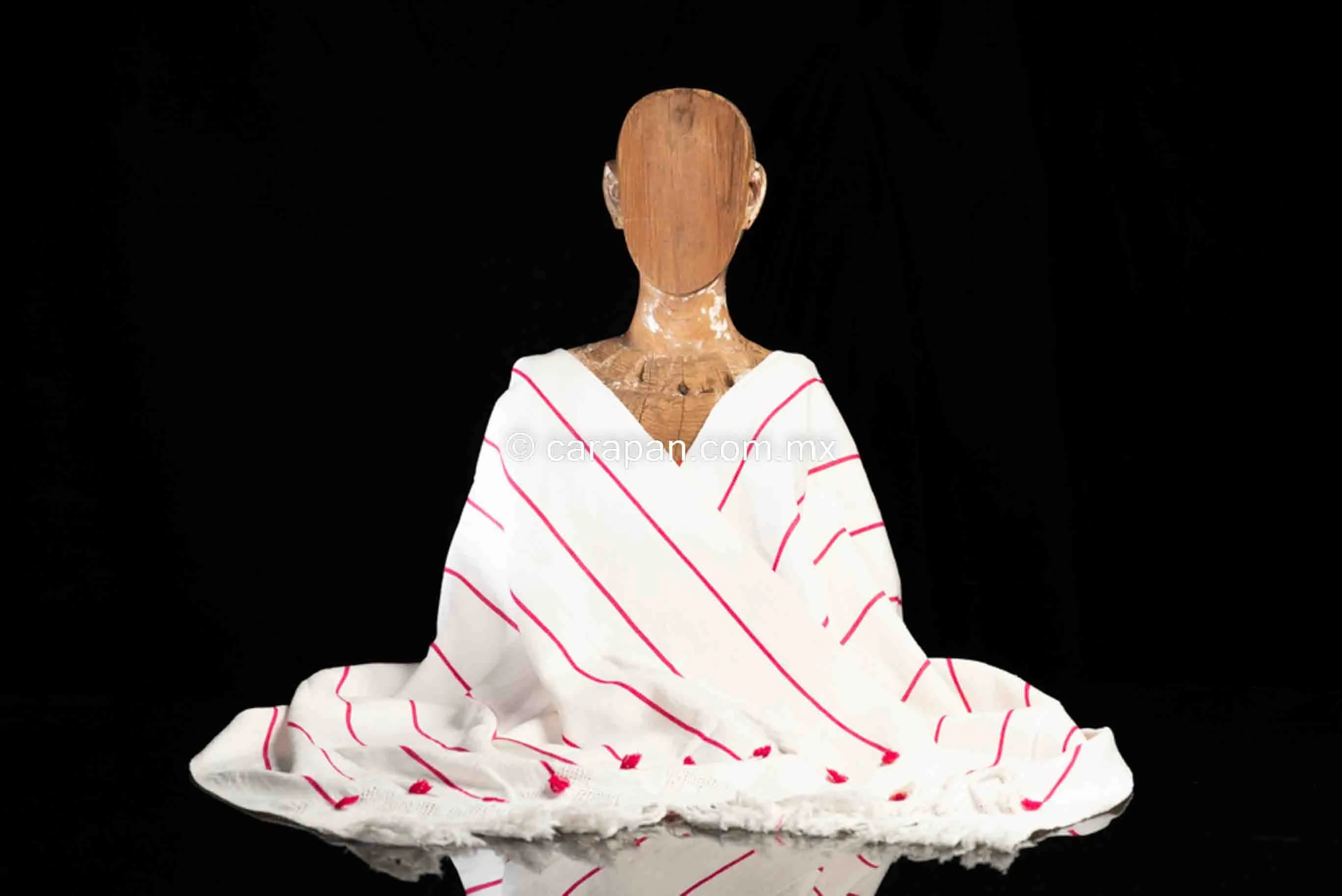 Mexican Rebozo White Shawl  w Red Stripes Back Strap Loomed Indigenous Textile