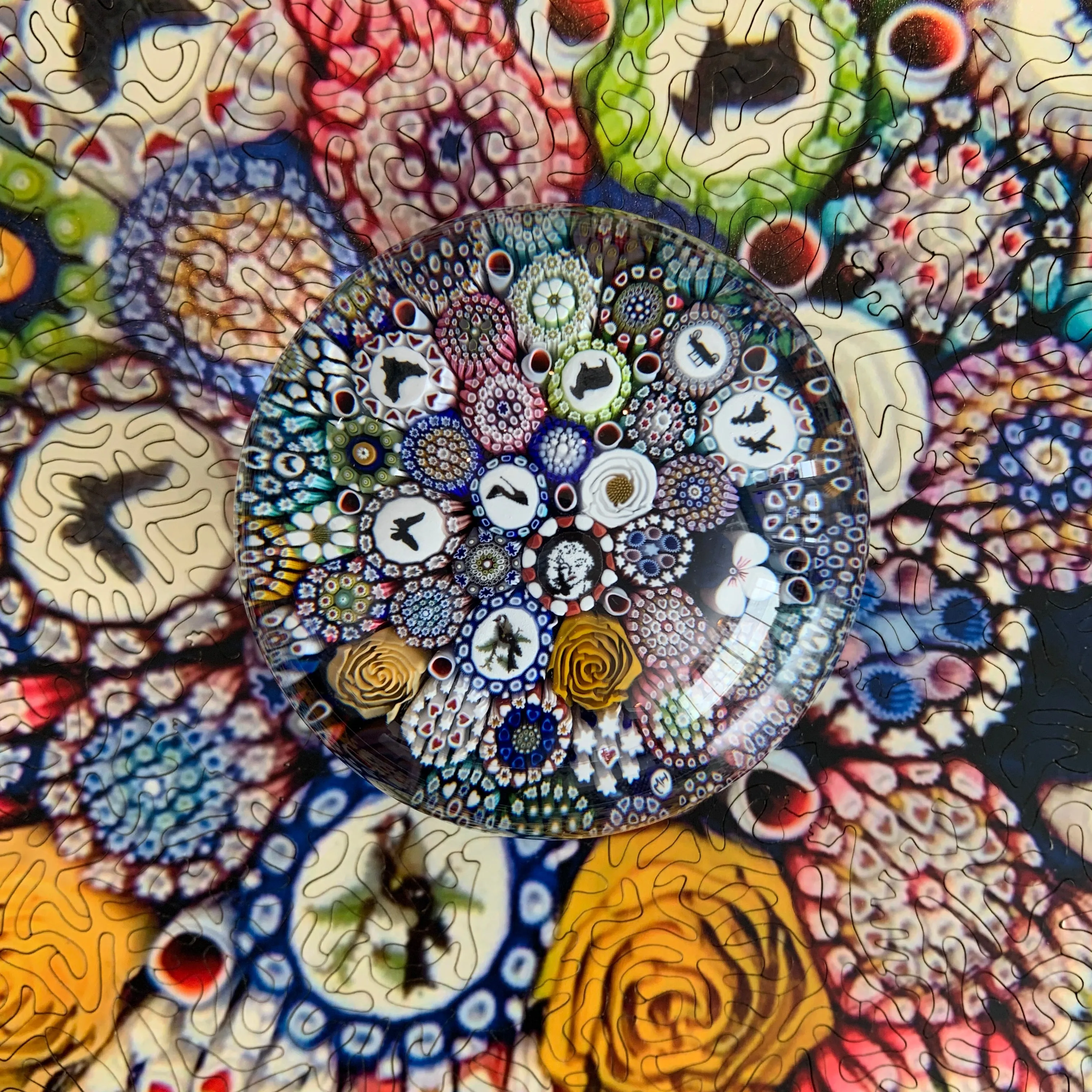Michael Hunter 2019 Art Glass Paperweight & Matching Custom-Cut Wooden Jigsaw Puzzle Millefiori Closepack with Murrine & Silhouette Canes
