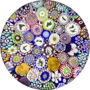 Michael Hunter 2019 Art Glass Paperweight & Matching Custom-Cut Wooden Jigsaw Puzzle Millefiori Closepack with Murrine & Silhouette Canes