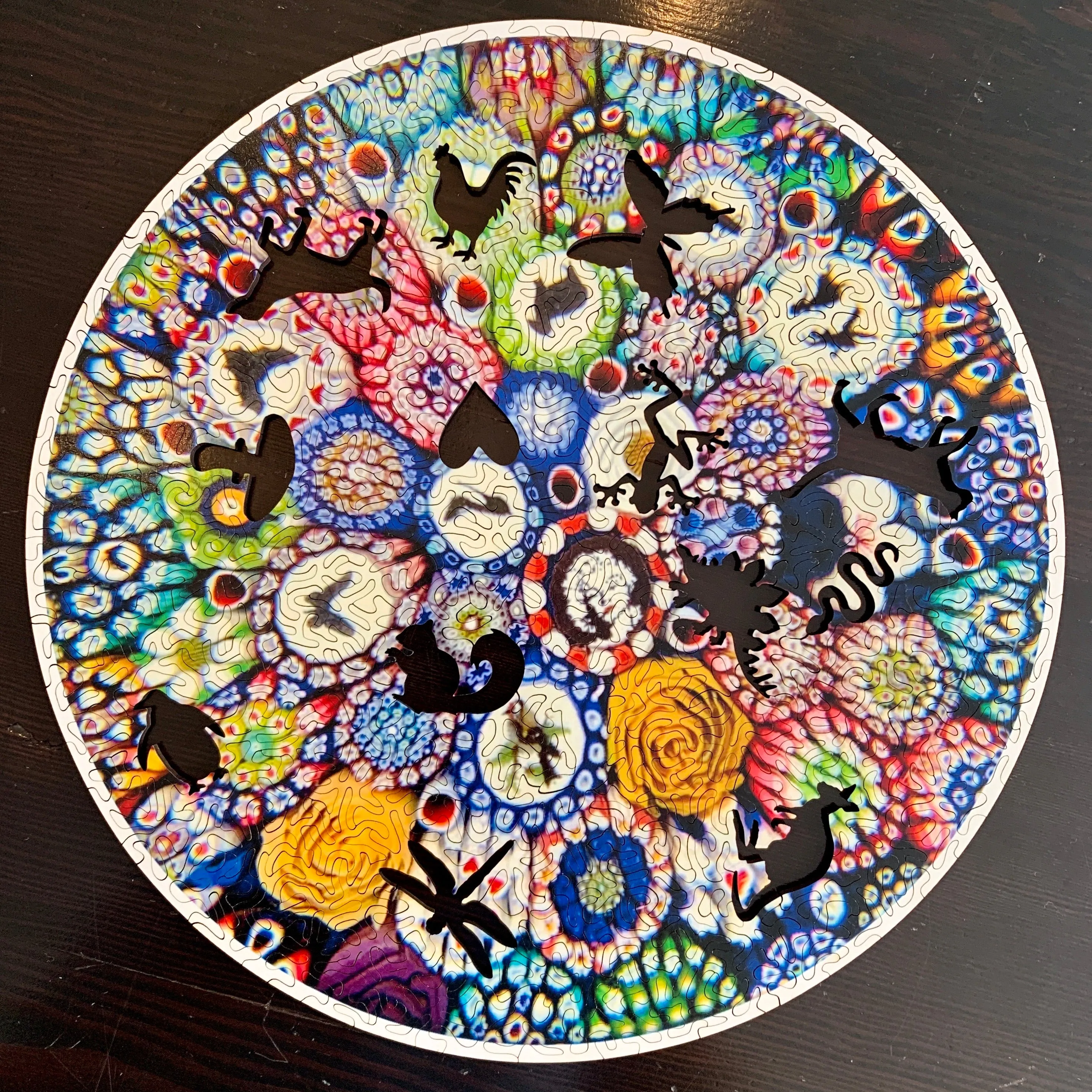 Michael Hunter 2019 Art Glass Paperweight & Matching Custom-Cut Wooden Jigsaw Puzzle Millefiori Closepack with Murrine & Silhouette Canes