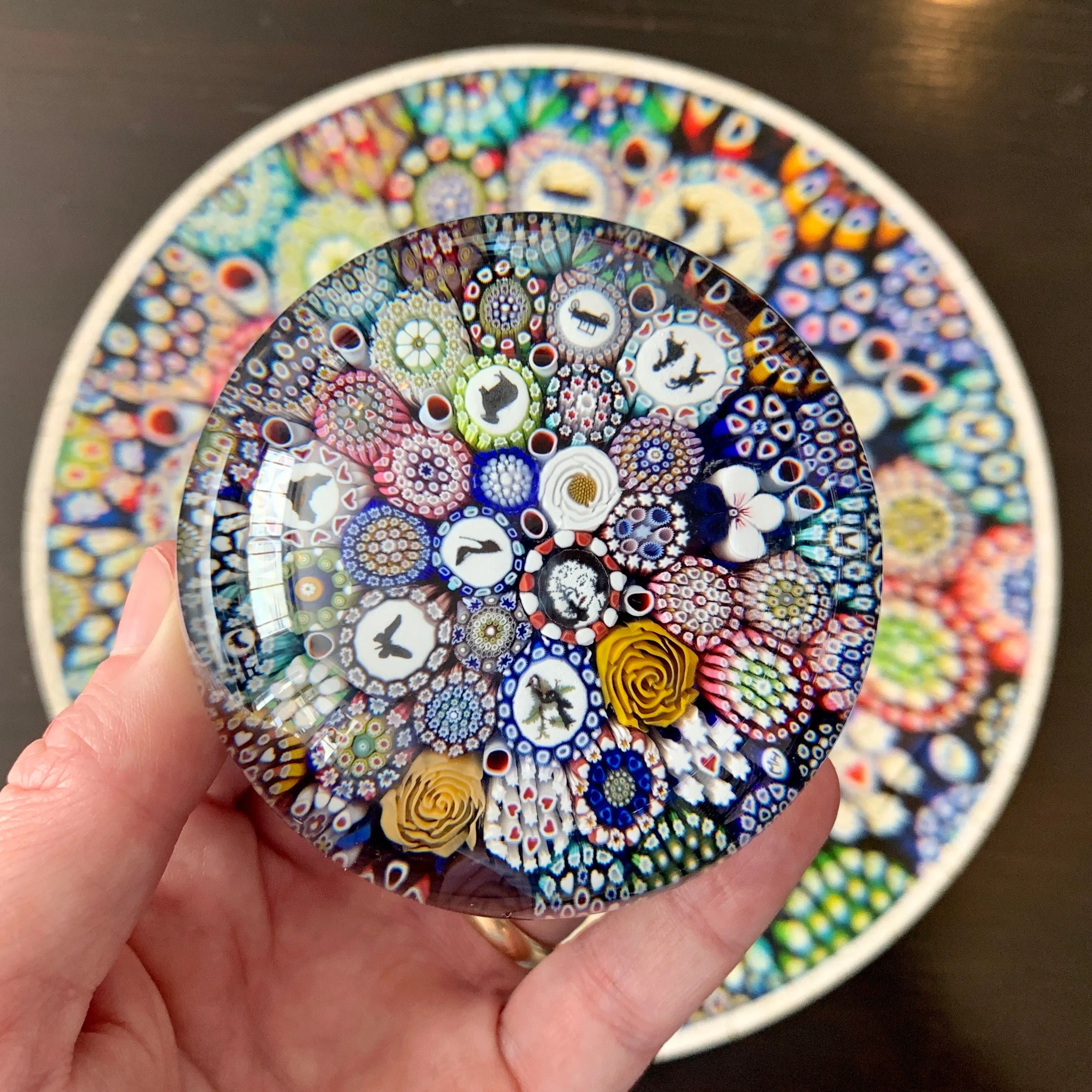 Michael Hunter 2019 Art Glass Paperweight & Matching Custom-Cut Wooden Jigsaw Puzzle Millefiori Closepack with Murrine & Silhouette Canes