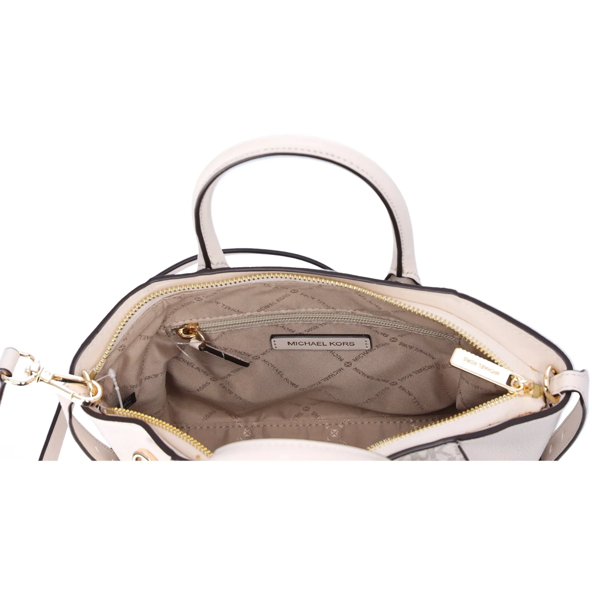 Michael Kors Avril Small Top Zip Satchel Crossbody Light Cream MK Signature