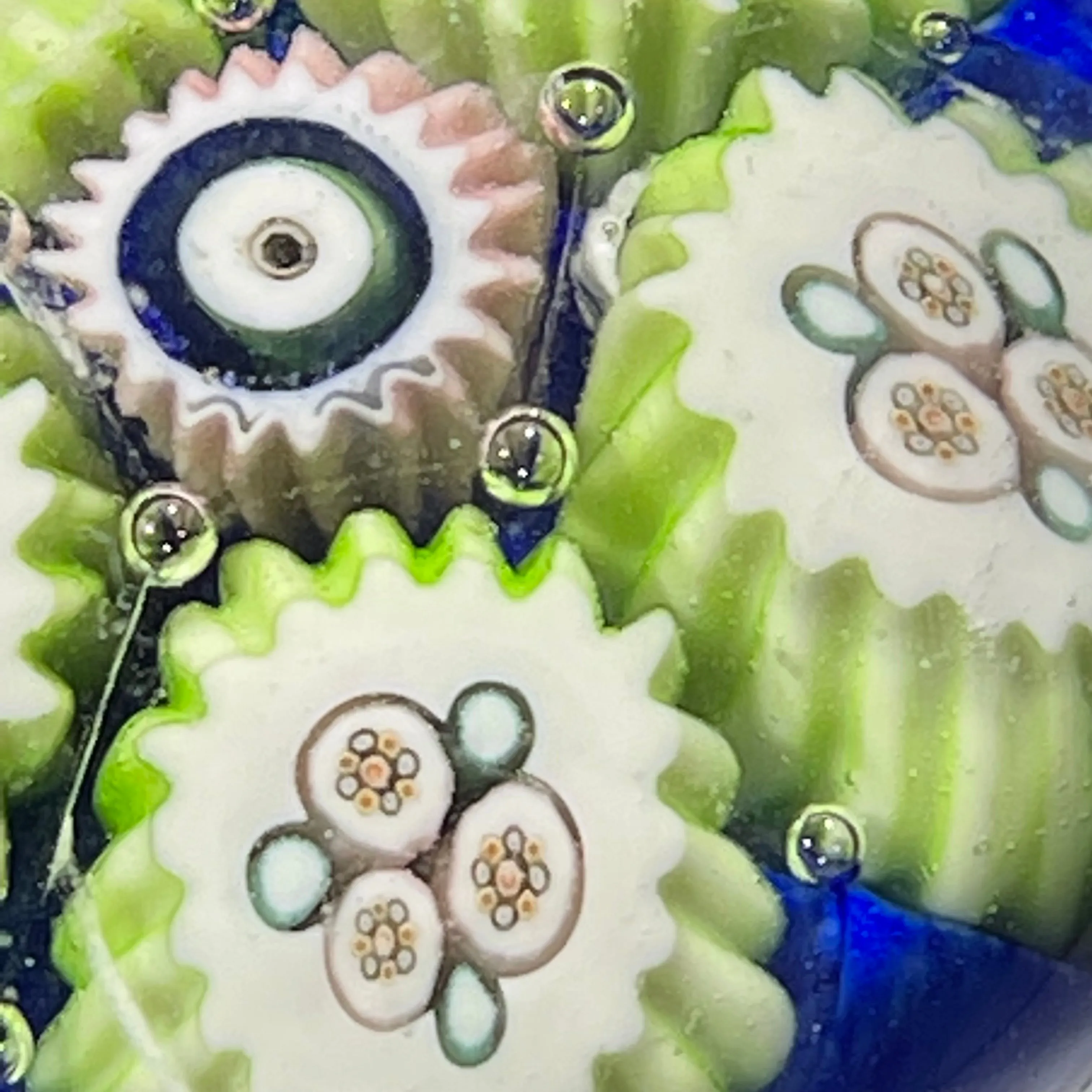 Miniature Vasart Complex Concentric Millefiori on Opaque Blue Glass Art Paperweight