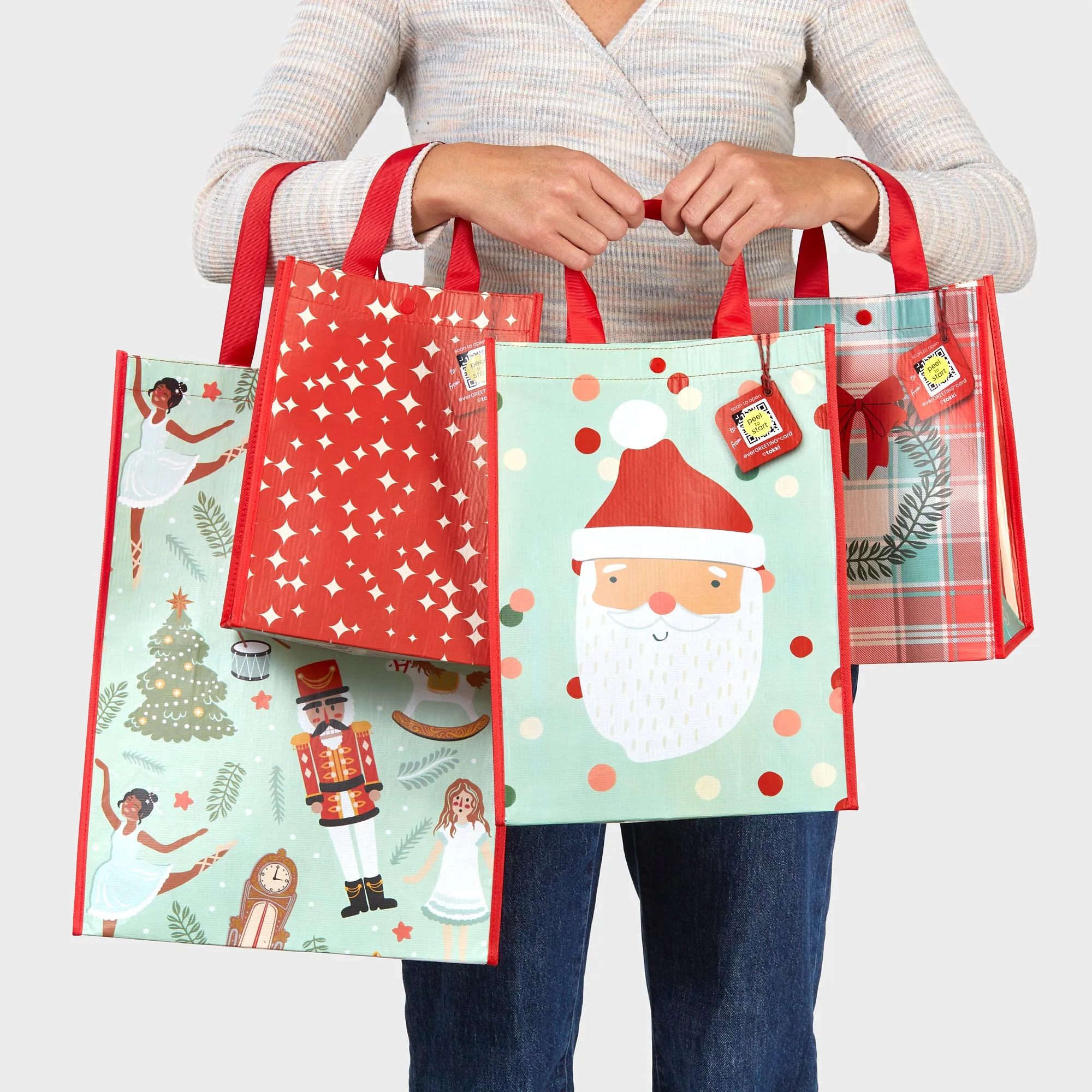 Mint Polka Dot Santa | Large | Reusable Gift Bag   QR Greeting Card