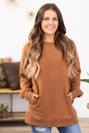 Mocha Crew Neck Sweatshirt With Pockets
