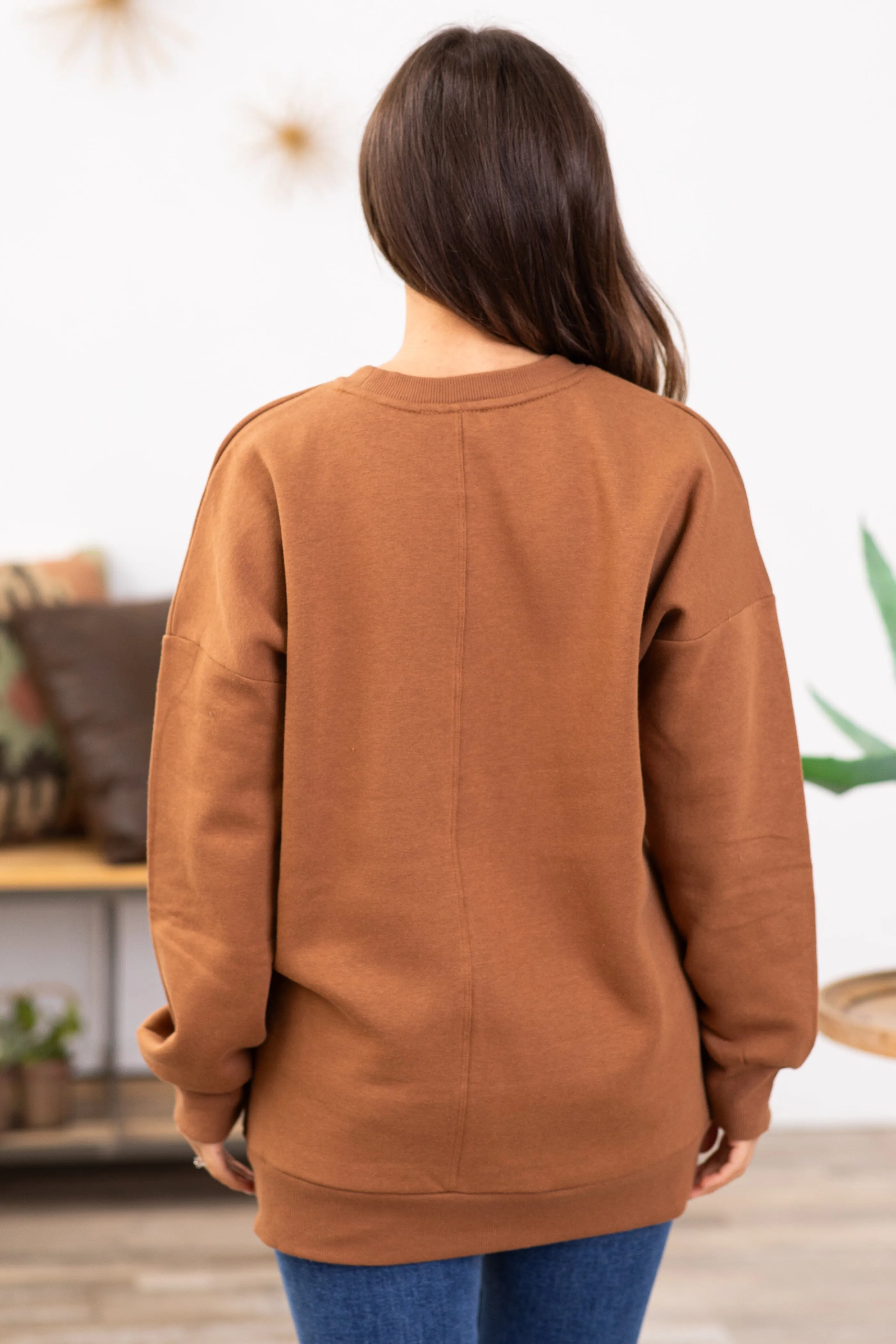 Mocha Crew Neck Sweatshirt With Pockets