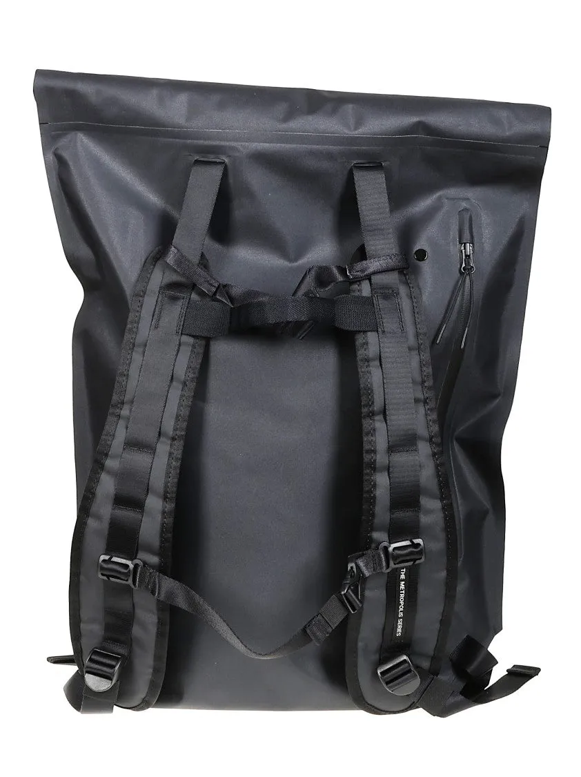 Modern Black Roll-Top Backpack With Mesh Panel