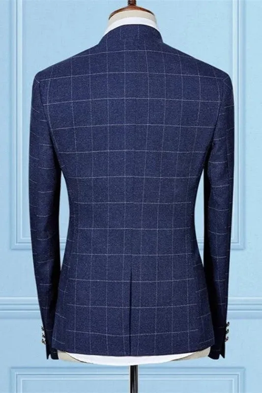 Modern Dark Navy Two Pieces Best Fitted Designer Plaid Men's Prom Suits