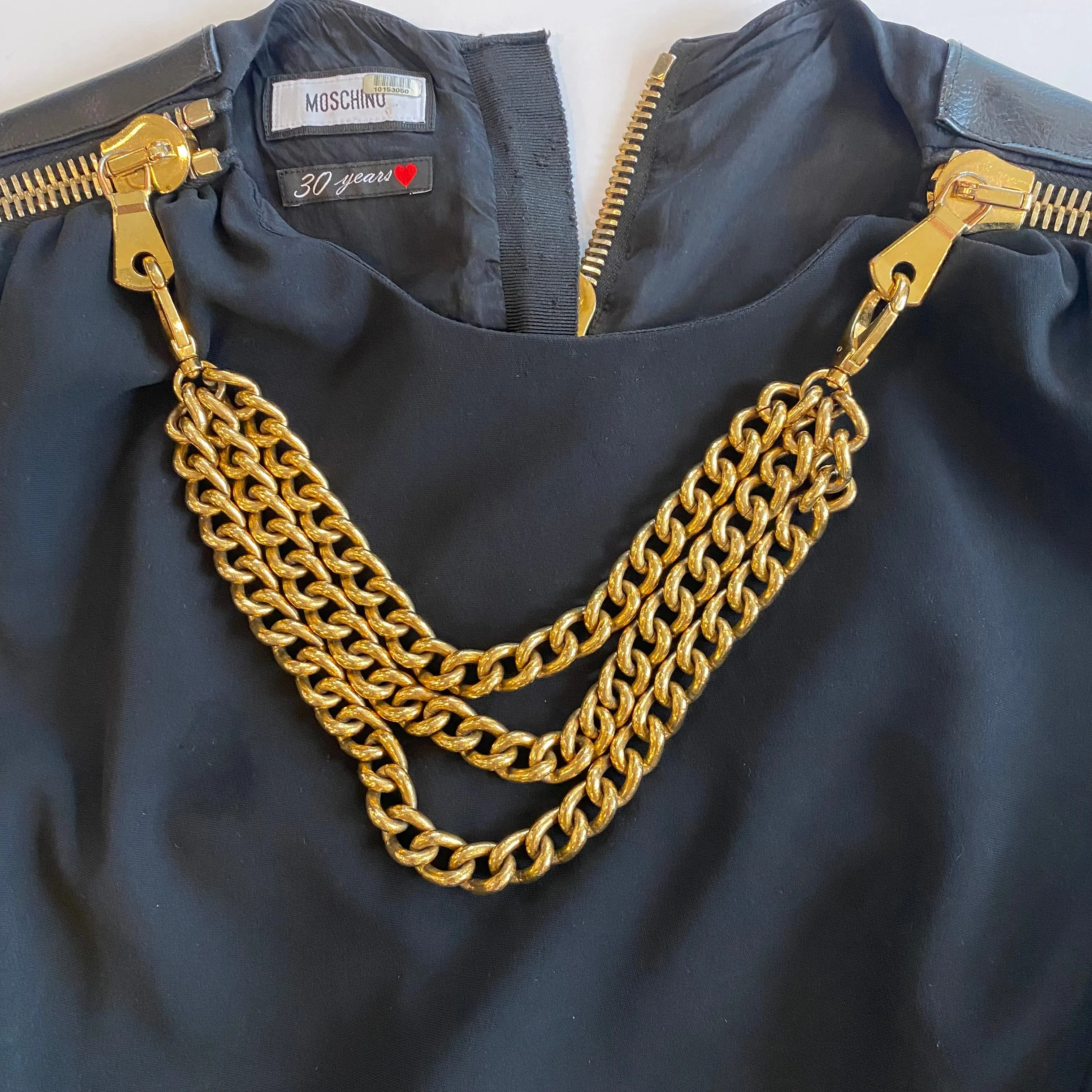 MOSCHINO Black Chain to Zip Cocktail Dress with Gold Hardware Size 10