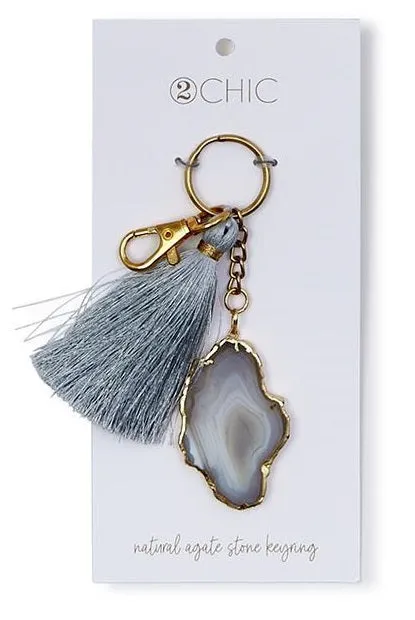 Natural Agate Stone Keychain Ring with Tassel