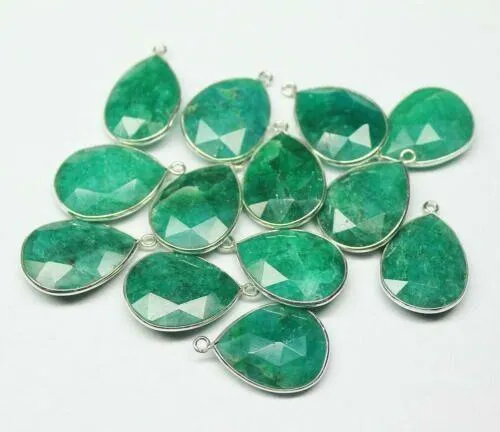 Natural Green Emerald Checker Faceted Pear Drops Silver Bezel Pendant 1pc 24mm