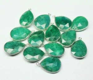 Natural Green Emerald Checker Faceted Pear Drops Silver Bezel Pendant 1pc 24mm