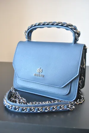 NAVY BLUE MINI SATCHEL WITH DETACHABLE CROSSBODY CHAIN