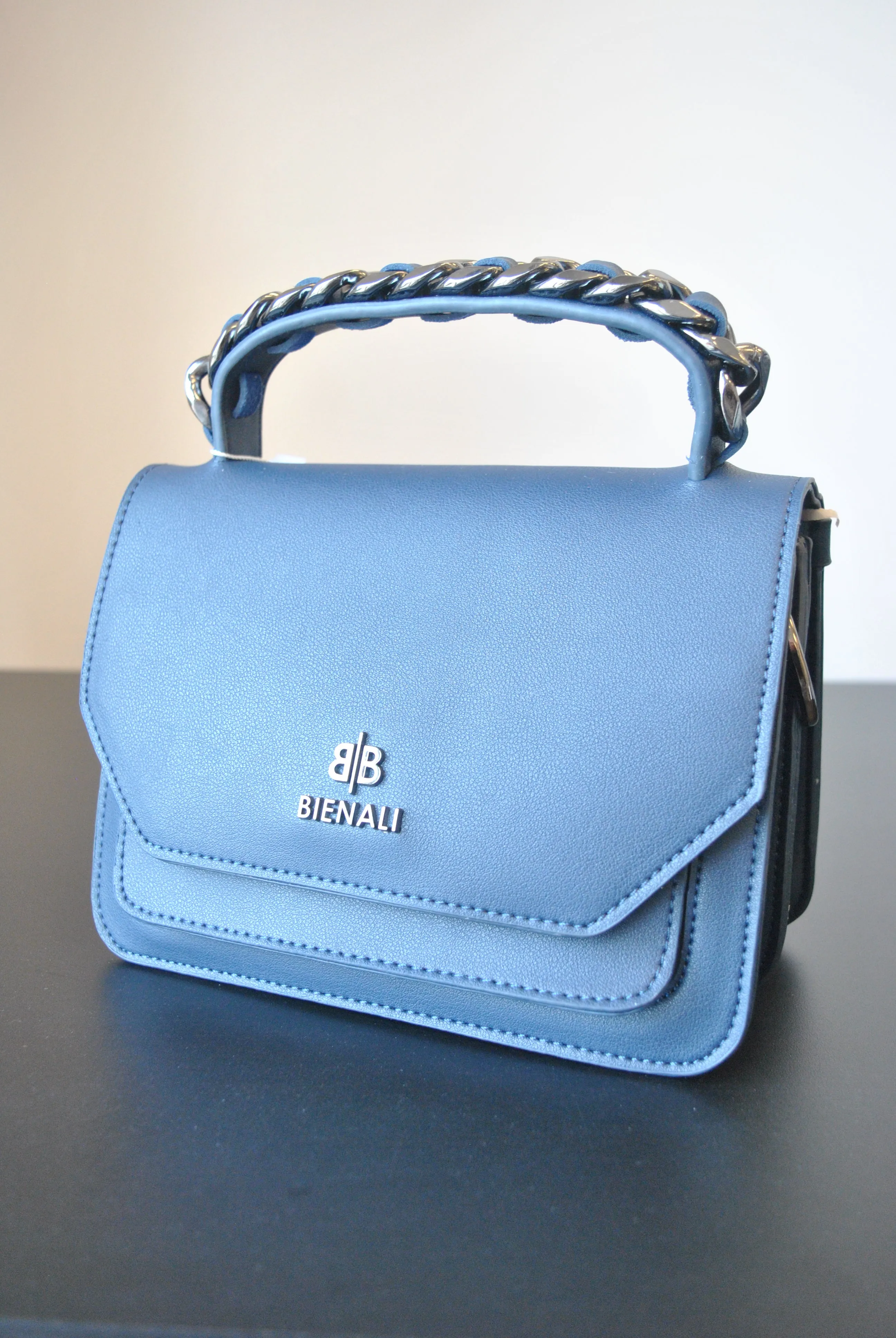 NAVY BLUE MINI SATCHEL WITH DETACHABLE CROSSBODY CHAIN