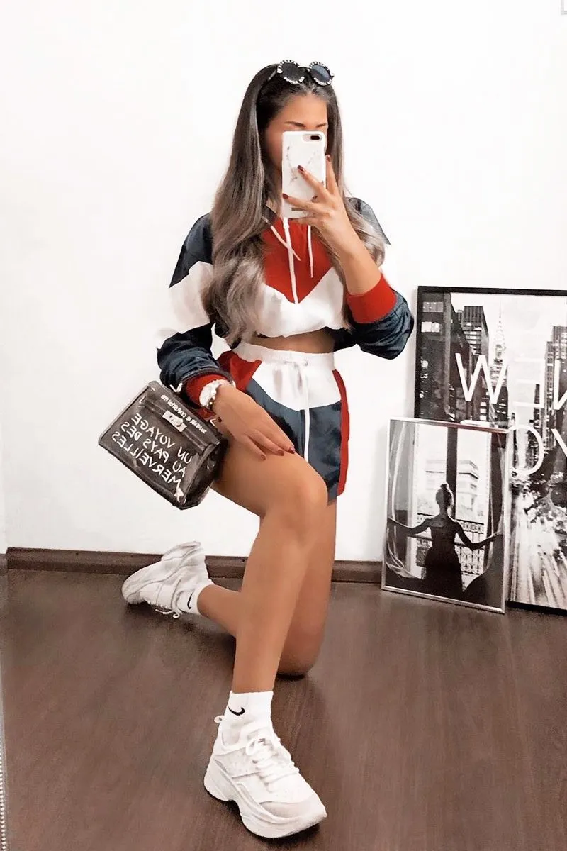 Navy Red Colour Block Hooded Jacket Shorts Tracksuit Co-ord - Jettie