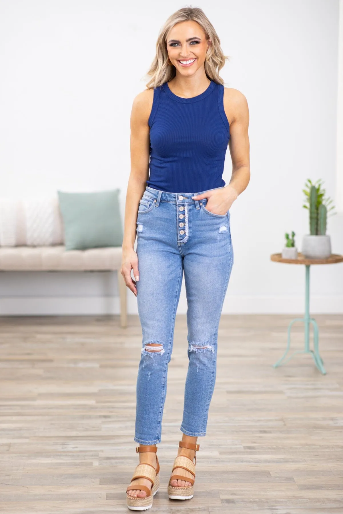 Navy Ribbed Knit Scoop Neck Tank