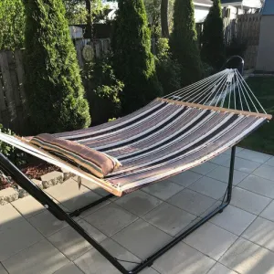 New in box! Sunnydaze Quilted Indoor/Outdoor Double Hammock with Stand - Large 2-Person Heavy-Duty Hammock with Multi-Use Universal Steel Stand For Backyard & Patio - 450-Pound Capacity - Sandy Beach Fabric! Retails $392 