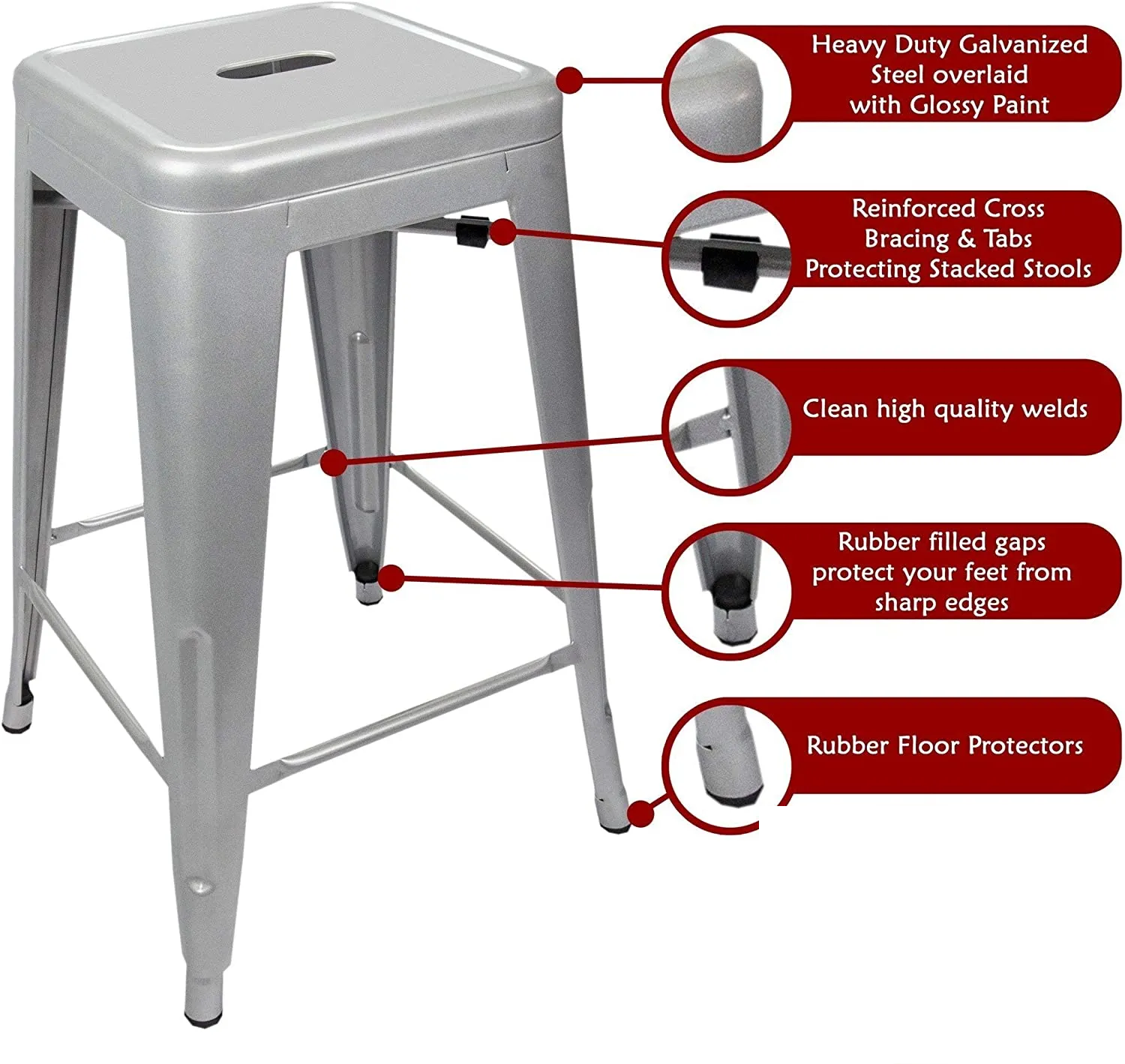 New UrbanMod 4 PACK of 24 Height 330lb Capacity Grey Kitchen Counter Chair Island Outdoor Industrial Galvanized Metal Bar Stools, Silver! Retails $275 