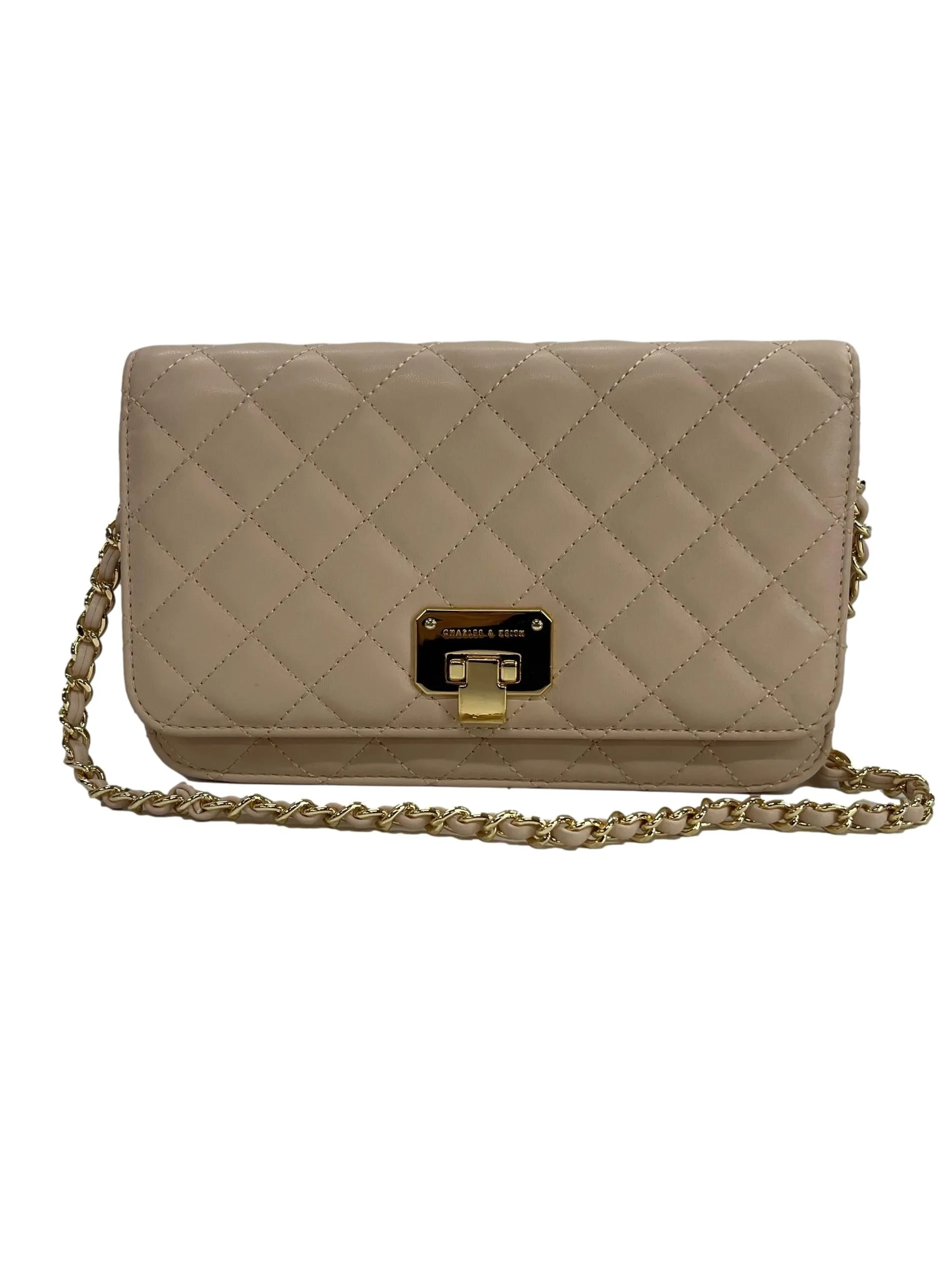 Nude Quilted Flip-Lock Clutch Bag