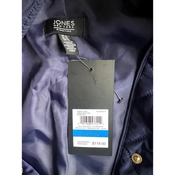 NWT Jones New York blue quilted light weight jacket size XL