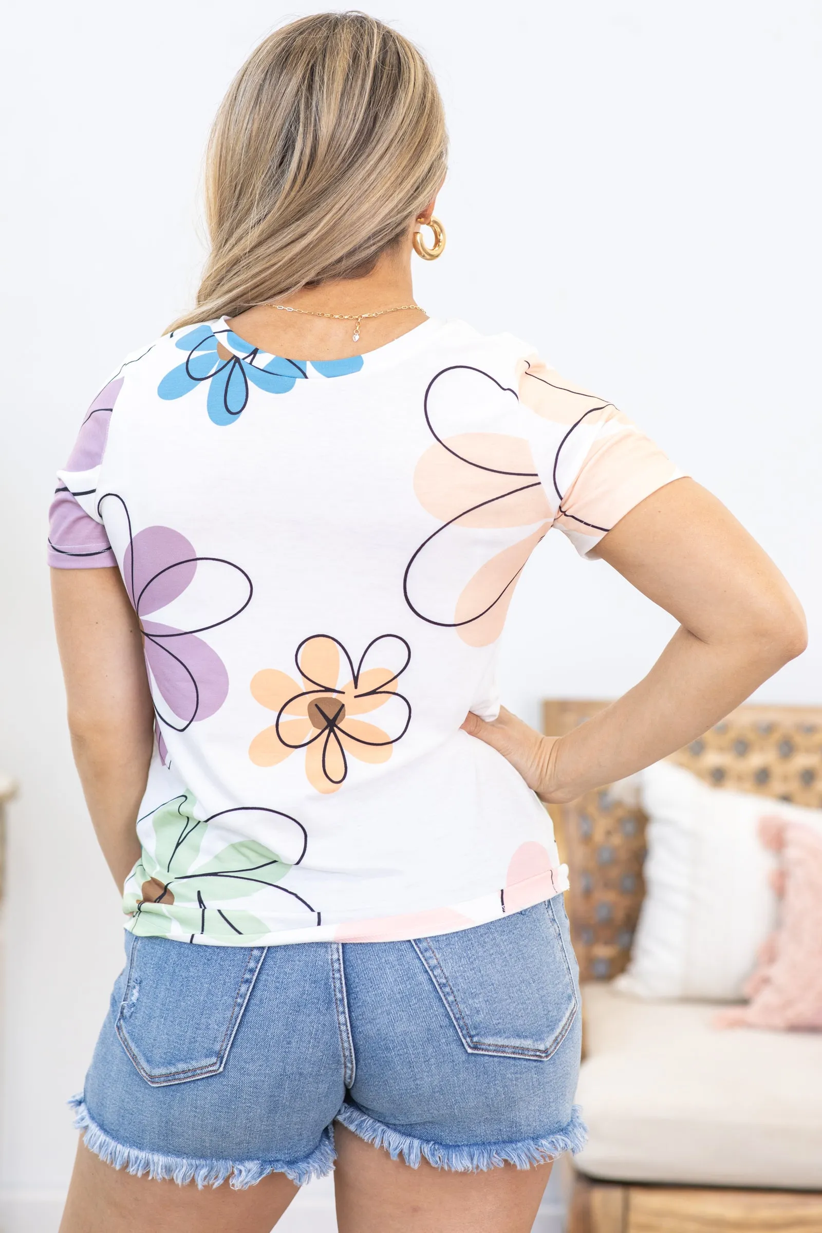 Off White Summer Flower Print Knit Top