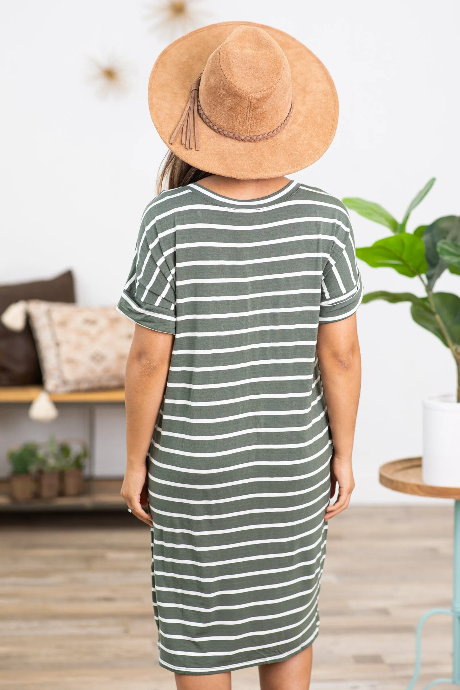 Olive and White Stripe V-Neck Dress