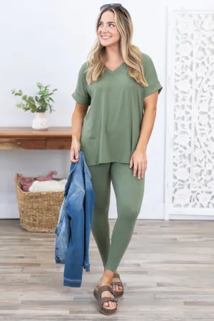 Olive V-Neck Short Sleeve Top and Legging Set