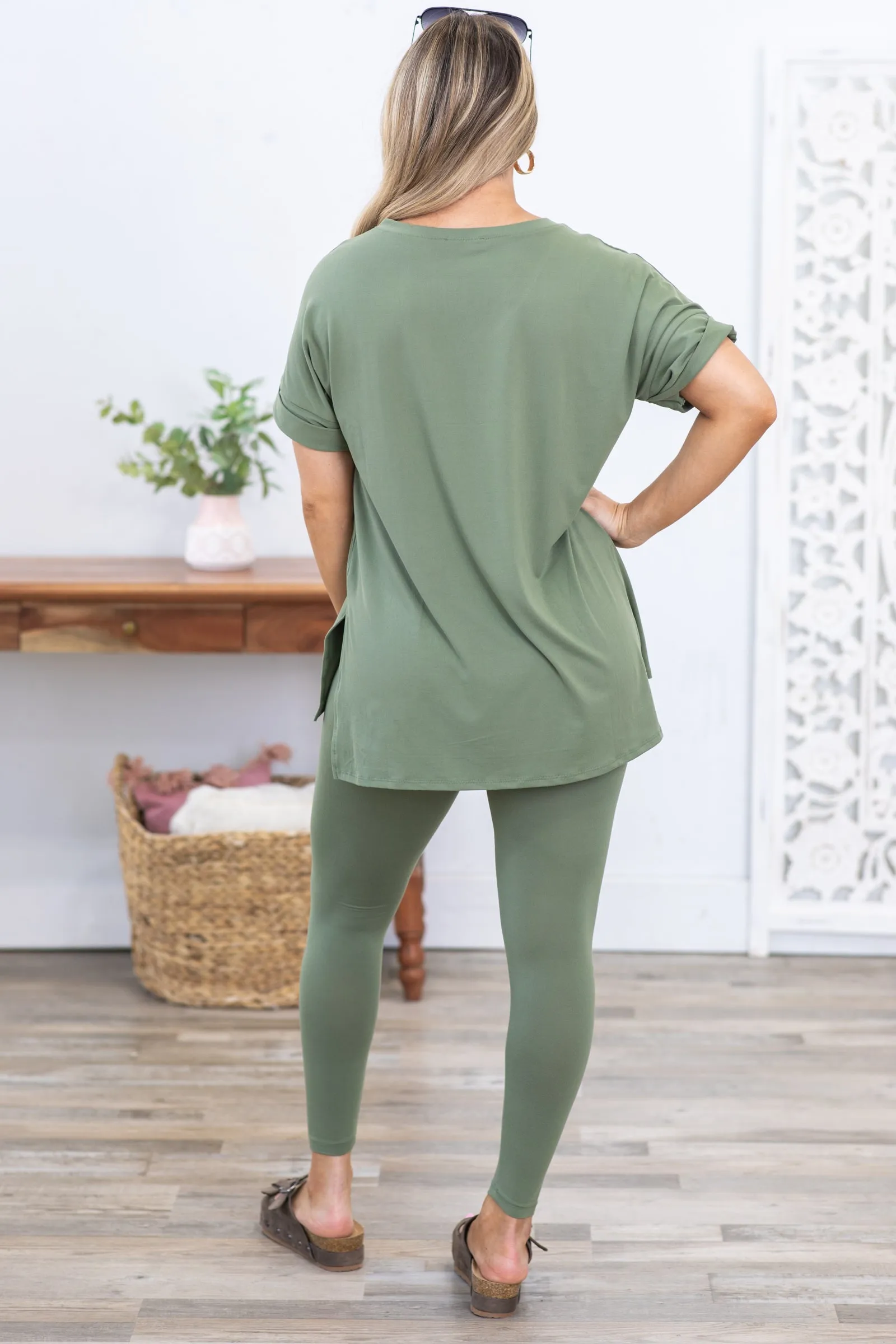 Olive V-Neck Short Sleeve Top and Legging Set