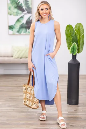 Pastel Blue Sleeveless Round Hem Midi Dress