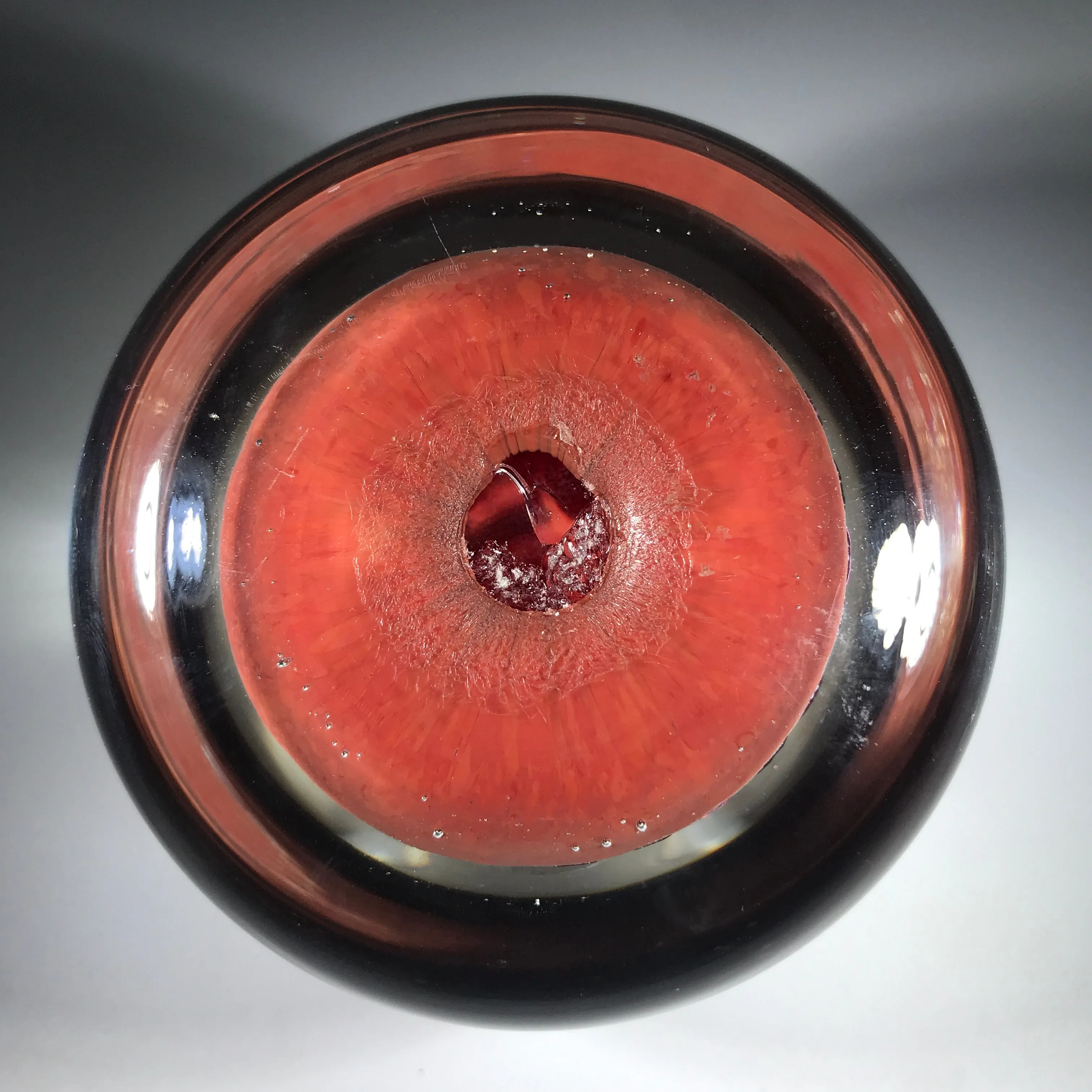 Paul Ysart Art Glass Paperweight Lampwork Flower Bouquet w/ Millefiori Garland on Opaque Red Ground