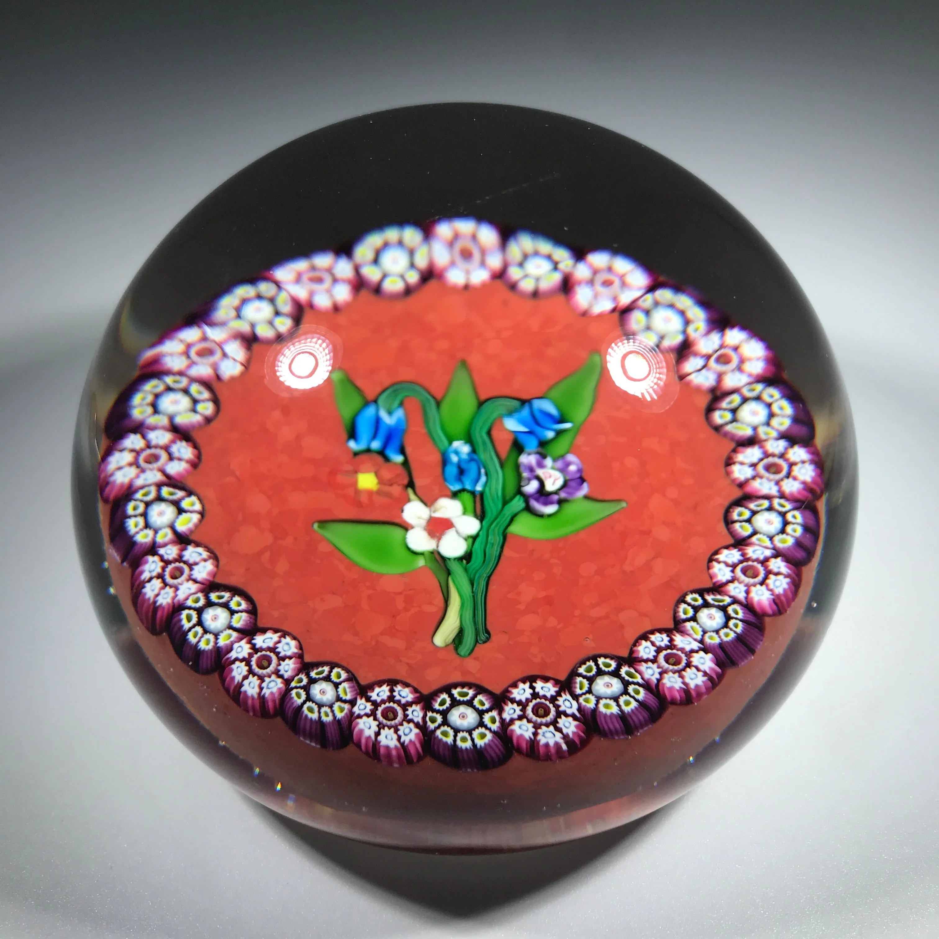 Paul Ysart Art Glass Paperweight Lampwork Flower Bouquet w/ Millefiori Garland on Opaque Red Ground