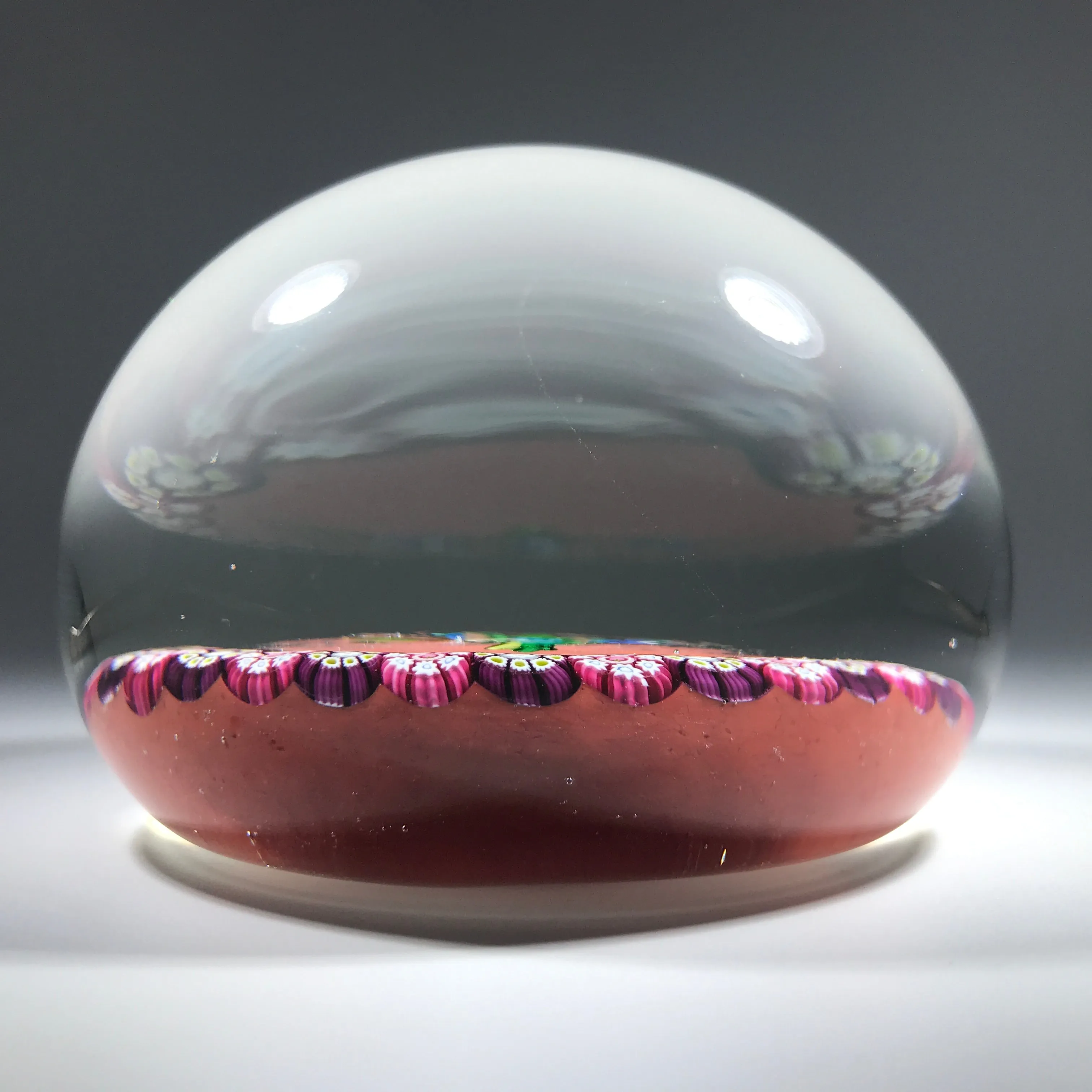 Paul Ysart Art Glass Paperweight Lampwork Flower Bouquet w/ Millefiori Garland on Opaque Red Ground